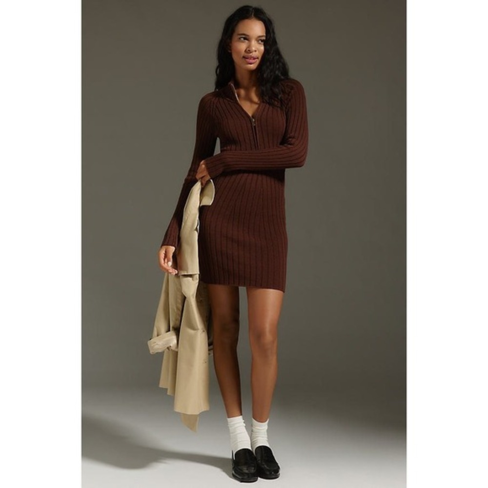 Pilcro Anthropologie Quarter‎ Zip Sweater Dress S Brown Preppy Bodycon Half Zip